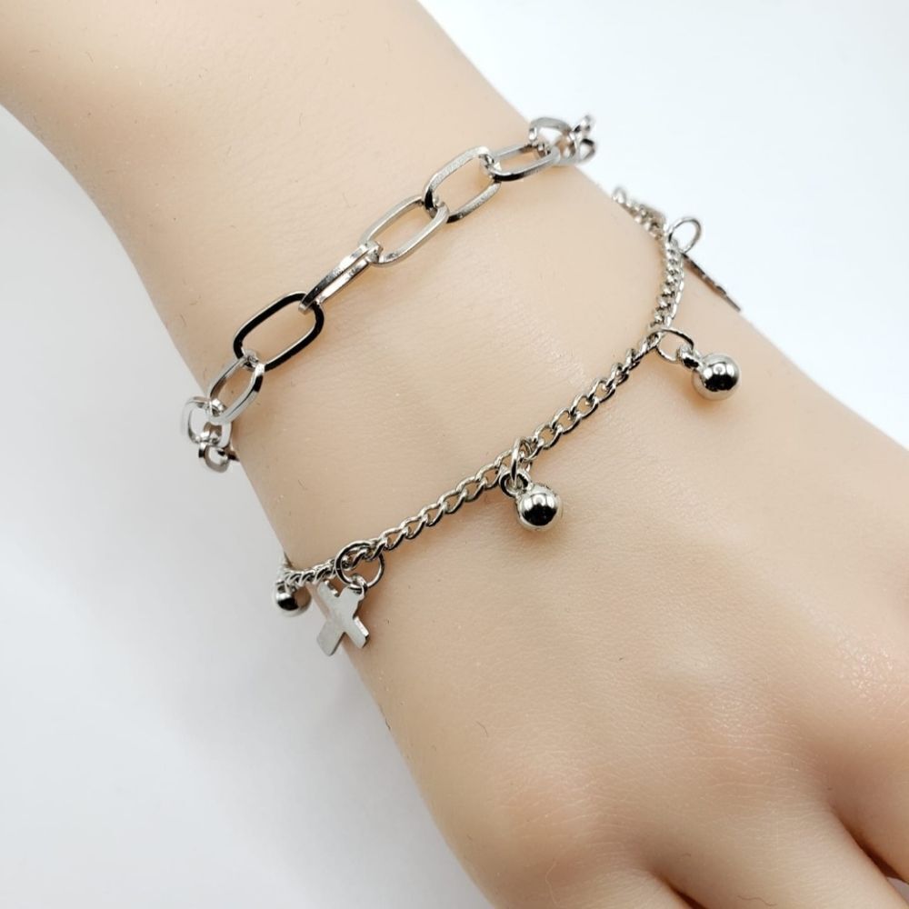 Brand New Silver Cross Double Chains Bracelet